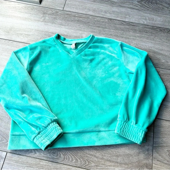 Zella Turquoise V Neck Velvet Pullover Sweater - Picture 4 of 16